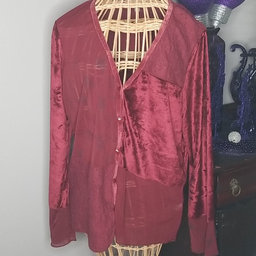 J. Jill Large Maroon Red Velvet Lace Sheer Patchwork Button Down Long Sleeve Top